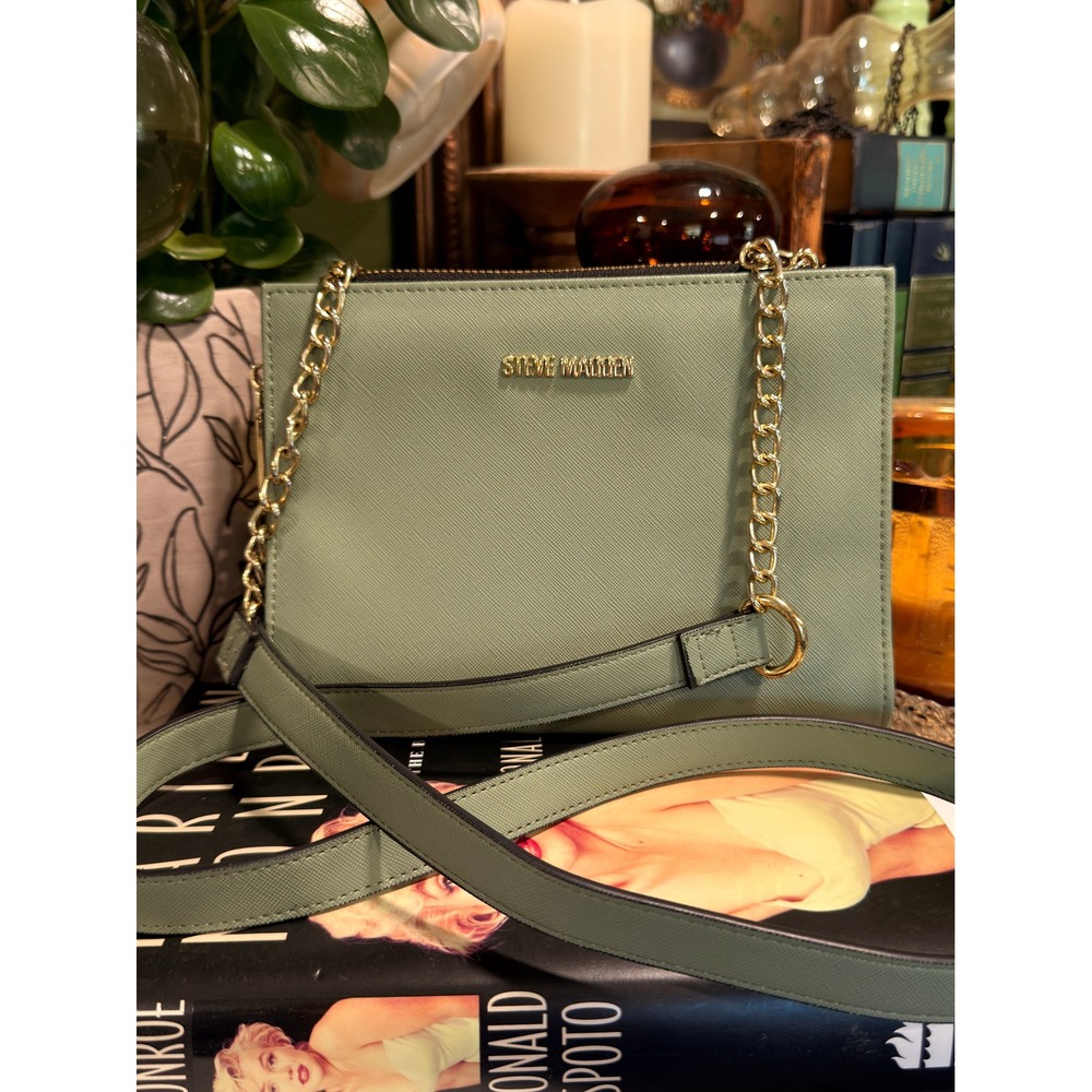 Steve Madden Sage Green Saffiano Faux Leather Crossbody Bag Gold Chain Strap